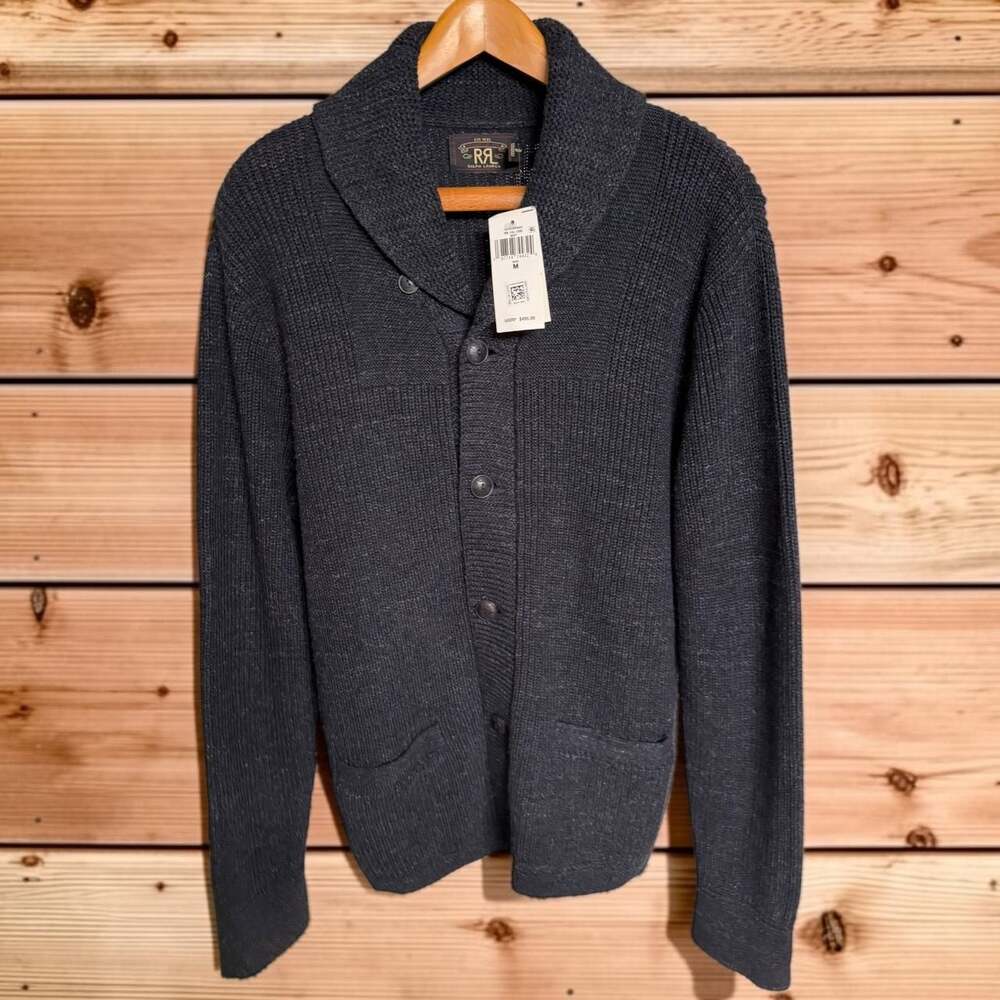 NWT RRL Ralph Lauren Navy Rib-Knit Cotton Shawl Collar Cardigan - Picture 3 of 5